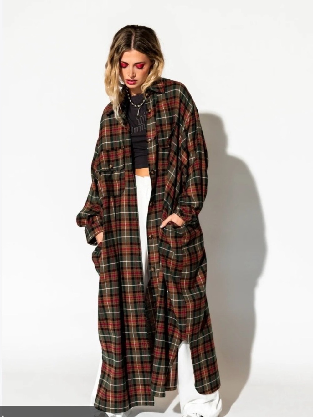 Dressed in Lala Plaid Longline Shirt Coat in Green and Red